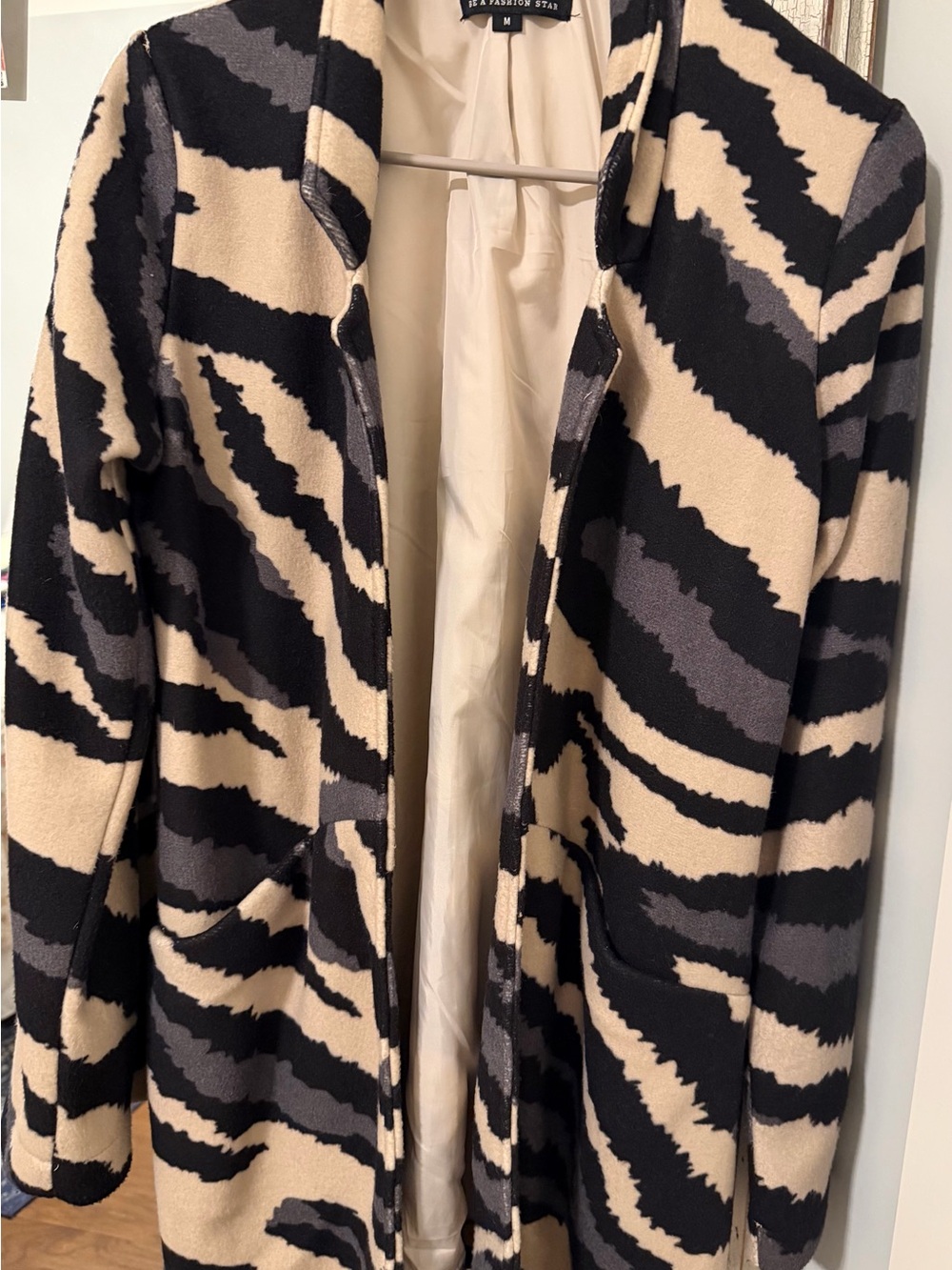 Zebra-Print Open Front Blazer Jacket - Black & Cream